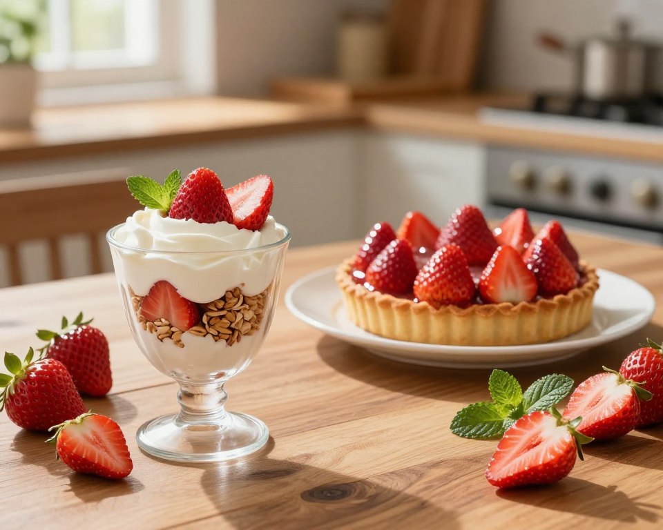 A beautiful assortment of quick strawberry desserts, artistically arranged on a wooden table. The foreground features a delicate glass parfait filled with layers of whipped cream, fresh strawberries, and granola, glistening under soft, warm lighting. Beside it, a bowl of juicy, sliced strawberries and a few sprigs of mint add freshness. In the middle ground, a sleek white plate displays a strawberry tart with a golden crust and shiny glaze. The background softly blurs into a rustic kitchen with natural light streaming through a window, highlighting a wooden cutting board and scattered ingredients. The scene radiates a warm, inviting atmosphere, perfect for a summer day filled with delightful, quick-to-make strawberry treats. No text or overlays, just pure culinary inspiration.
