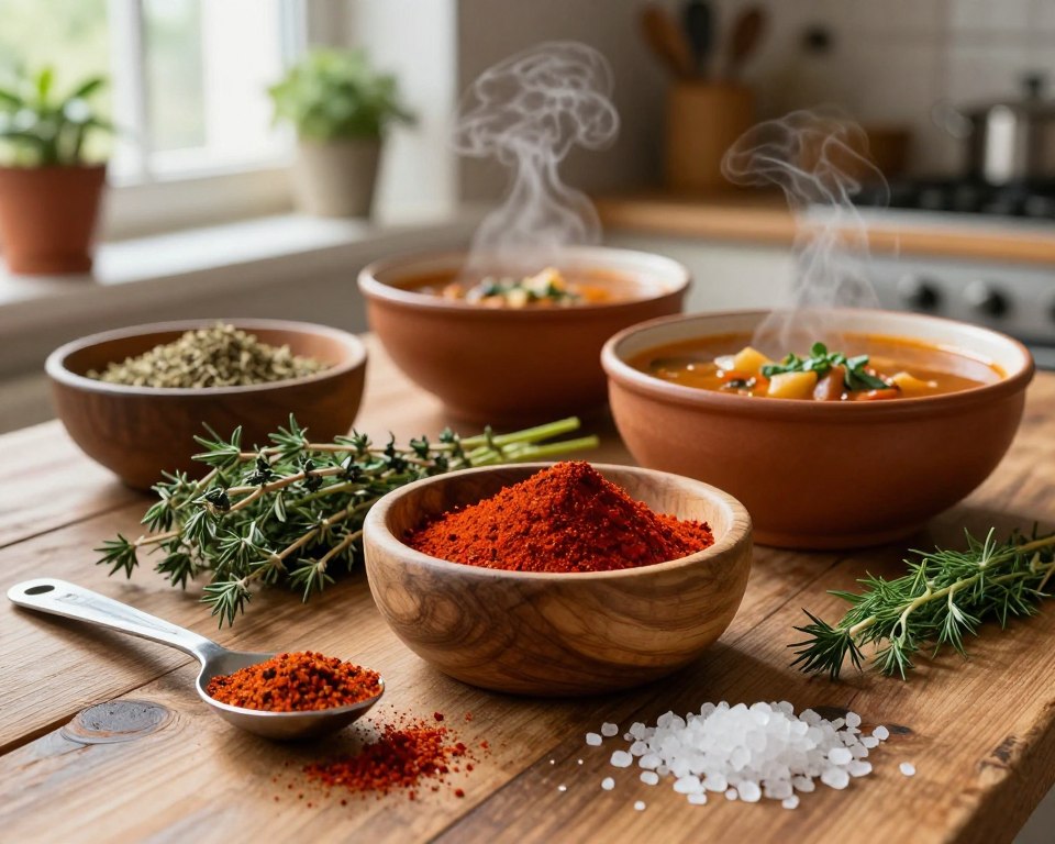 A beautifully arranged assortment of spices used for soup, featuring a wooden bowl filled with vibrant red paprika, fragrant dried herbs like thyme and dill, and coarse sea salt, artfully scattered around. In the foreground, add a delicate measuring spoon showcasing a blend of spices. The middle ground highlights a rustic wooden table with bowls of hearty soup—gulaszowa and ogórkowa—emitting steam, enhancing the flavor profile. Soft, natural lighting filters through a nearby window, creating a warm and inviting atmosphere. In the background, a blurred kitchen setting adds a touch of homeliness, with herbs in small pots and traditional cooking utensils. The overall mood conveys warmth, comfort, and culinary creativity.