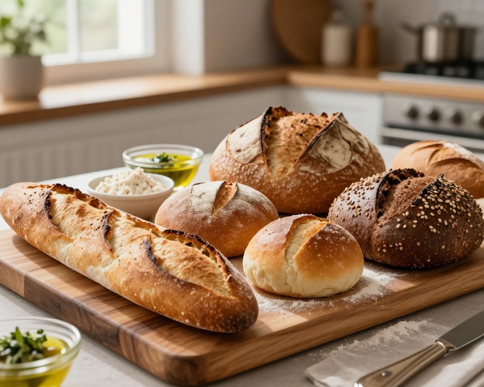 A beautifully arranged assortment of various types of bread and rolls, showcasing a traditional wooden breadboard as the focal point in the foreground. Include distinct varieties such as a golden-brown crusty baguette, a rustic sourdough loaf with a textured crust, soft and fluffy dinner rolls, and a dark rye bread with seeds sprinkled on top. In the middle ground, add a delicate sprinkle of flour to enhance the artisanal feel, with small bowls of colorful toppings like olive oil, herbs, and spreads. The background should feature a cozy kitchen setting with warm, soft light filtering through a nearby window, creating an inviting atmosphere. Capture the scene from a slightly elevated angle to showcase the bread's details and textures, evoking a sense of warmth and home-baking joy.