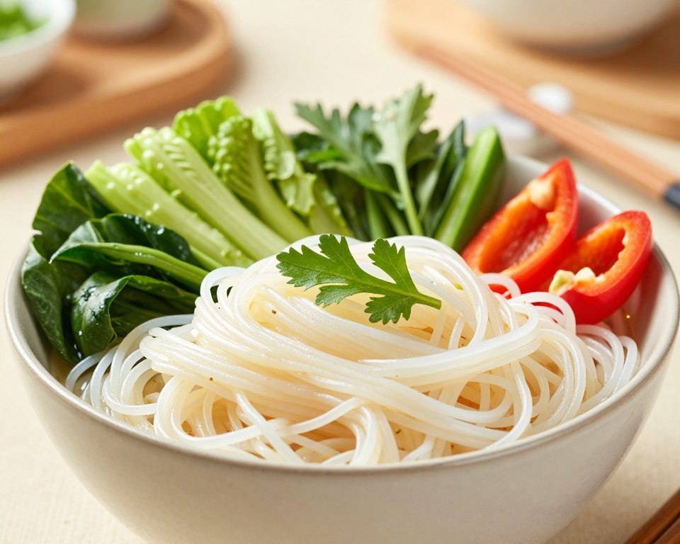 A beautifully arranged bowl of rice noodles elegantly placed at the center of the image, showcasing their smooth, delicate texture. Surround the bowl with an assortment of vibrant, fresh ingredients typically used in Asian cuisine, such as crisp green vegetables, colorful bell peppers, and aromatic herbs. Include a pair of stylish chopsticks resting on the edge of the bowl to invite the viewer to engage. The background should feature a softly blurred kitchen setting, with warm, natural lighting illuminating the scene, creating a cozy and inviting atmosphere. Capture the details of the food with a macro lens effect, enhancing the colors and textures of the ingredients to evoke a sense of healthy eating and well-being. The overall mood should feel fresh and wholesome, emphasizing the importance of nutritious meal options.