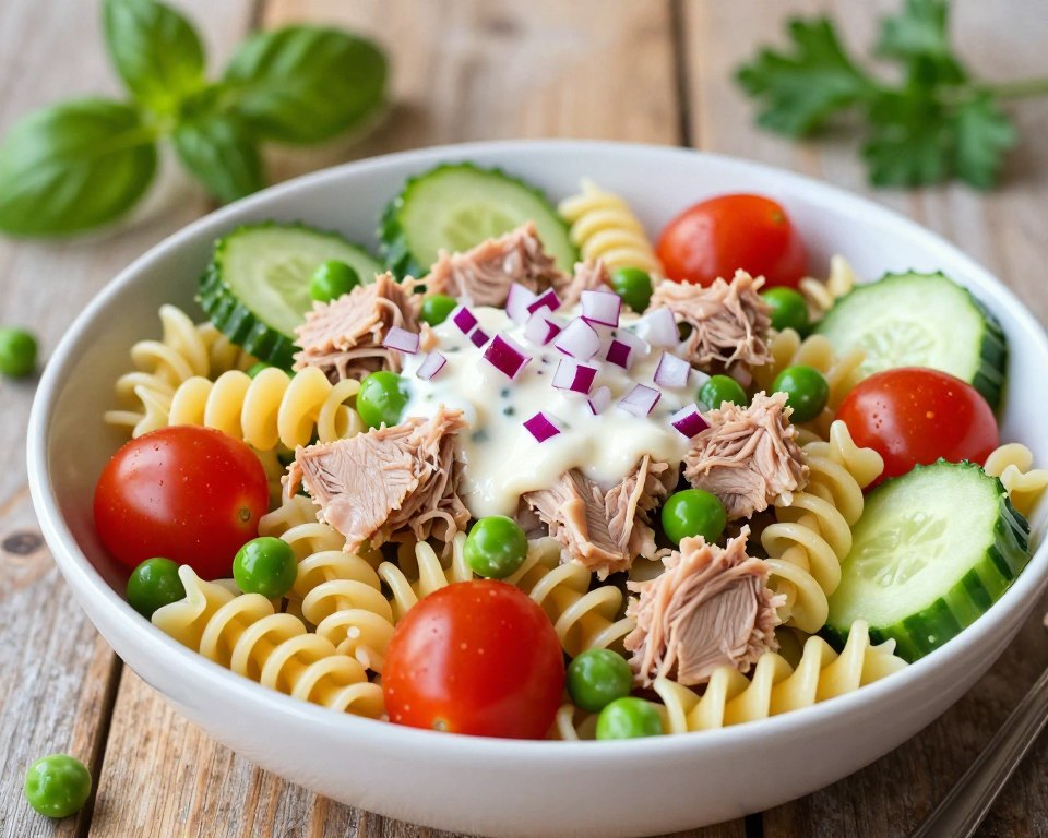 A beautifully arranged bowl of tuna pasta salad featuring colorful ingredients. In the foreground, focus on vibrant spiral pasta intertwined with tender chunks of light brown tuna, scattered with bright green peas, juicy cherry tomatoes, and crisp cucumber slices. A sprinkle of finely chopped red onion adds a touch of color. In the middle, a creamy dressing glistens, enhancing the dish’s appeal. The background shows a rustic wooden table with fresh herbs like basil and parsley scattered around, adding to the freshness. Soft, natural lighting illuminates the scene, creating a warm and inviting atmosphere. The angle captures an inviting top-down perspective, emphasizing the salad's colorful diversity and healthy ingredients, perfect for a fit and dietary-focused section.
