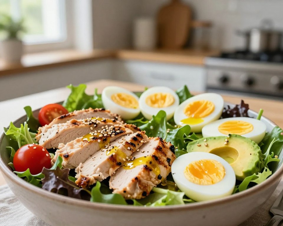 A beautifully arranged chicken salad featuring slices of grilled chicken breast, halved hard-boiled eggs, and creamy avocado pieces nestled among vibrant mixed greens. The foreground displays a close-up of the salad in a rustic bowl, garnished with cherry tomatoes and a sprinkle of sesame seeds. In the middle, a light drizzle of olive oil and a hint of lemon dressing enhance the freshness. The background is softly blurred, showcasing a cozy kitchen setting with natural light streaming through a window, casting gentle shadows. The atmosphere is inviting and healthy, perfect for a guide on storing and serving this nutritious dish. Use warm, natural lighting to create an appetizing mood, focusing on the textures and colors of the ingredients.
