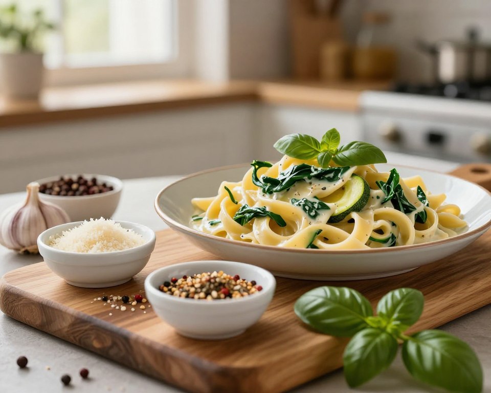 A beautifully arranged collection of spices for creamy pasta, featuring vibrant herbs and seasonings. In the foreground, a wooden cutting board with small bowls containing freshly grated parmesan, crushed garlic, and aromatic basil. In the middle, a plate of creamy pasta garnished with sautéed spinach and zucchini, showcasing a rich texture and inviting look. In the background, softly blurred, a kitchen setting with warm daylight streaming through a window, highlighting the colors of the ingredients. The atmosphere is cozy and inviting, emphasizing the comfort of home-cooked meals. Use a soft focus lens to enhance the warmth, capturing the essence of Italian cuisine in a natural, rustic style.