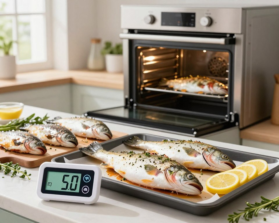 A beautifully arranged cooking scene featuring various types of fish, including zander, cod, and trout, laid on a cutting board ready for baking. In the foreground, a digital kitchen thermometer shows an ideal baking temperature displayed clearly. The fish are seasoned with herbs and placed on a baking tray, next to fresh lemon slices and aromatic herbs. The middle ground displays a modern oven with its door slightly ajar, revealing the fish inside, perfectly cooked and glistening. The background is a bright, airy kitchen with soft natural light streaming in from a window, enhancing the fresh colors of the ingredients. The overall mood is warm, inviting, and focused on healthy cooking, with an emphasis on preparation and technique.