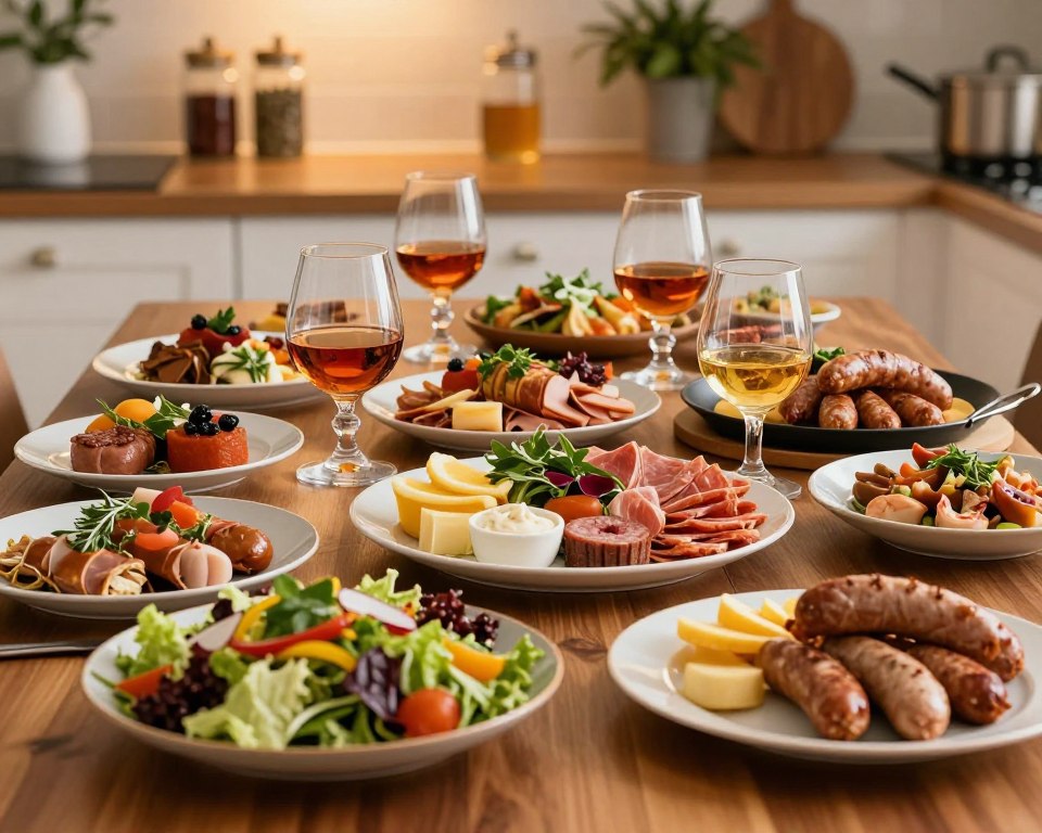 A beautifully arranged culinary inspiration table set for a variety of occasions, showcasing an array of gourmet dishes. In the foreground, vibrant plates filled with colorful salads, elegant charcuterie, and gourmet sausages, artfully styled. In the middle, a selection of exquisite glasses filled with fine spirits, like cognac, elegantly presented on a polished wooden surface. The background subtly features a softly lit kitchen with herbs and spices in decorative jars, creating a warm and inviting atmosphere. Use soft, warm lighting to enhance the inviting mood, captured from a slightly elevated angle for an overview of the delectable spread. The image should evoke a sense of celebration and culinary creativity, perfect for inspiring readers.