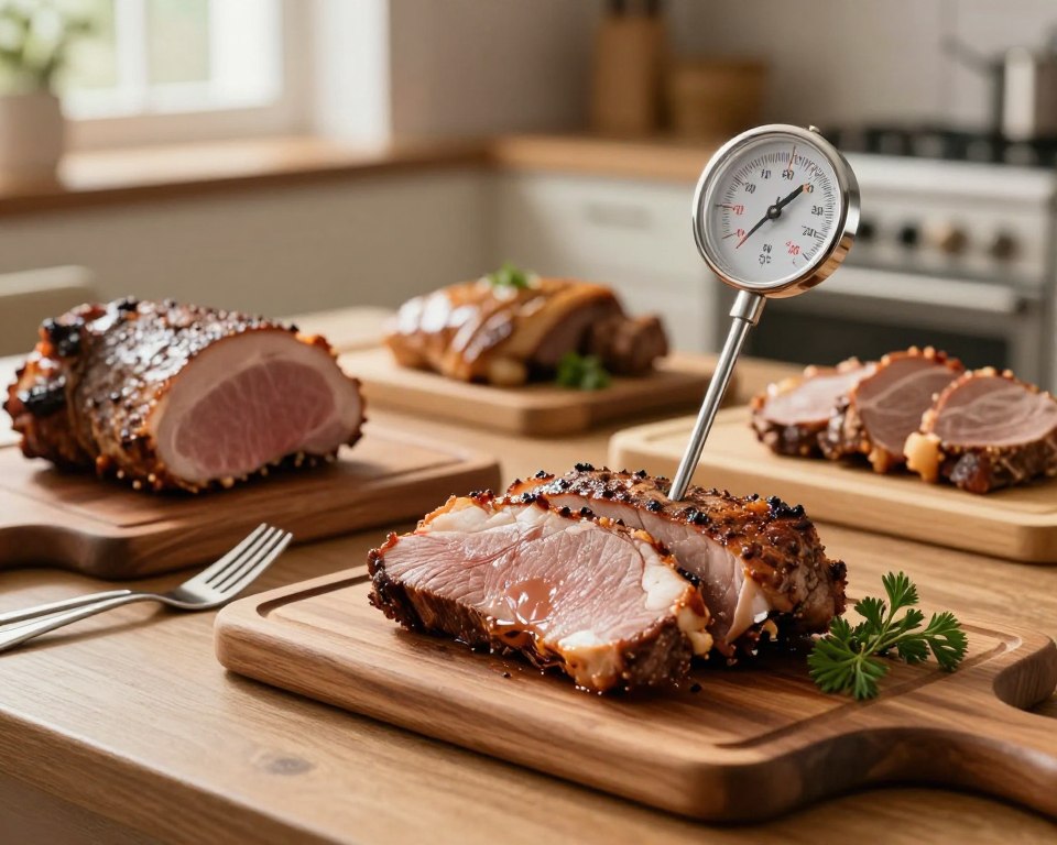 A beautifully arranged dining table, showcasing various types of expertly cooked meats, including a succulent pork shoulder and tender pork loin, each placed on elegant wooden cutting boards. In the foreground, a thermometer inserted into the meat highlights the ideal serving temperatures, glowing subtly. In the middle ground, a pair of elegant, polished utensils and a fresh herb garnish add sophistication. The background features a warm kitchen ambiance with soft, natural lighting filtering through a window, creating a welcoming atmosphere. Capture the details of the juicy textures and rich colors of the meats, evoking an appetizing and informative vibe, suitable for a culinary guide on serving temperatures.
