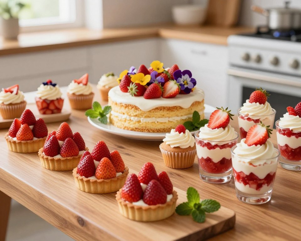 A beautifully arranged display of creative strawberry desserts on an elegant wooden table. In the foreground, feature an assortment of vibrant strawberry tarts, mini cupcakes topped with frosting and slices of fresh strawberries, and a glass parfait filled with layers of whipped cream and strawberry compote. In the middle ground, showcase a stylish cake decorated with whole strawberries and edible flowers, surrounded by scattered fresh mint leaves. The background should gently fade into a kitchen setting with soft, natural lighting coming through a window, creating a warm and inviting atmosphere. Capture the scene from a slightly elevated angle to highlight the textures and colors of the desserts, emphasizing a sense of creativity and indulgence. The overall mood is cheerful and appetizing, perfect for inspiring culinary creativity.