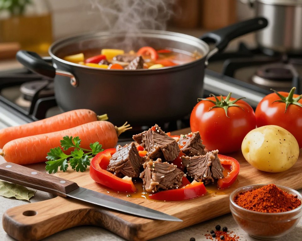 A beautifully arranged display of key ingredients for goulash soup, including chunks of tender beef, vibrant red bell peppers, and fresh tomatoes. Surround these with earthy root vegetables like carrots and potatoes, and sprinkle herbs like parsley and bay leaves for added texture. The foreground should feature a rustic wooden cutting board with a knife and a bowl filled with spices such as paprika and black pepper. In the middle, add a pot simmering on a stove, bubbling with hues of red and yellow from various ingredients. The background features soft, warm lighting that creates a cozy kitchen atmosphere. Use a shallow depth of field to focus on the ingredients, evoking a sense of warmth and home-cooked comfort.
