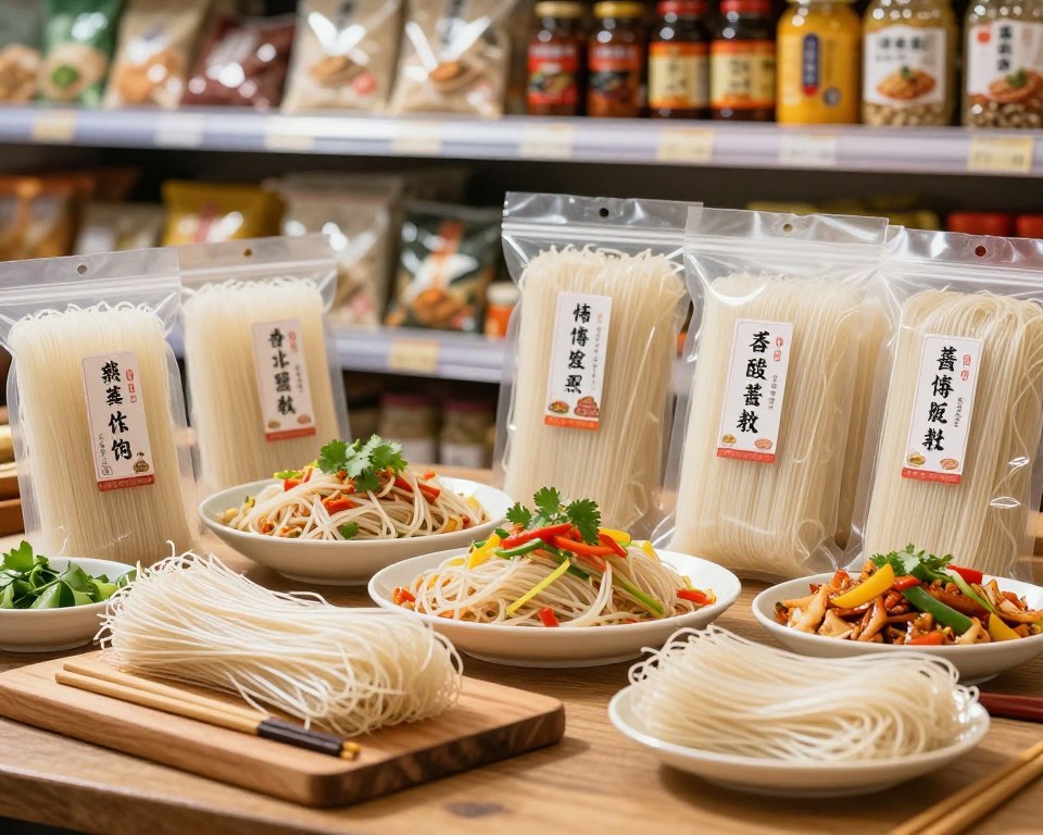 A beautifully arranged display of rice noodles in various shapes and sizes, showcasing fresh, high-quality packaging with clear labels indicating 'rice noodles.' In the foreground, a wooden cutting board holds a small bowl of dried rice noodles alongside chopsticks, suggesting preparation. In the middle, the focus is on a variety of rice noodle dishes elegantly plated, garnished with fresh herbs and vegetables like cilantro and bell peppers. The background features a softly blurred Asian grocery store shelf stocked with different brands of rice noodles and related ingredients like sauces and spices. The lighting is warm and inviting, creating a cozy atmosphere ideal for culinary exploration, captured with a shallow depth of field to emphasize the textures and colors of the noodles and dishes.