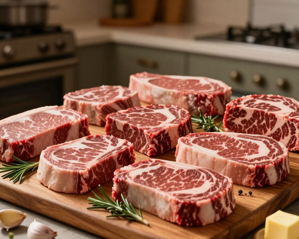 A beautifully arranged display of various cuts of beef, including ribeye, sirloin, and tenderloin, focusing on their marbling and rich red color. In the foreground, the beef cuts are placed on a textured wooden board with fresh herbs like rosemary and thyme, alongside hints of garlic cloves and cubes of butter. The middle ground features a soft, warm light casting gentle shadows, highlighting the juiciness of the meat. In the background, a cozy kitchen setting is visible, with a hint of an oven and rustic utensils, creating a warm and inviting atmosphere. The overall mood is culinary art, emphasizing the selection of high-quality beef for a perfect steak.