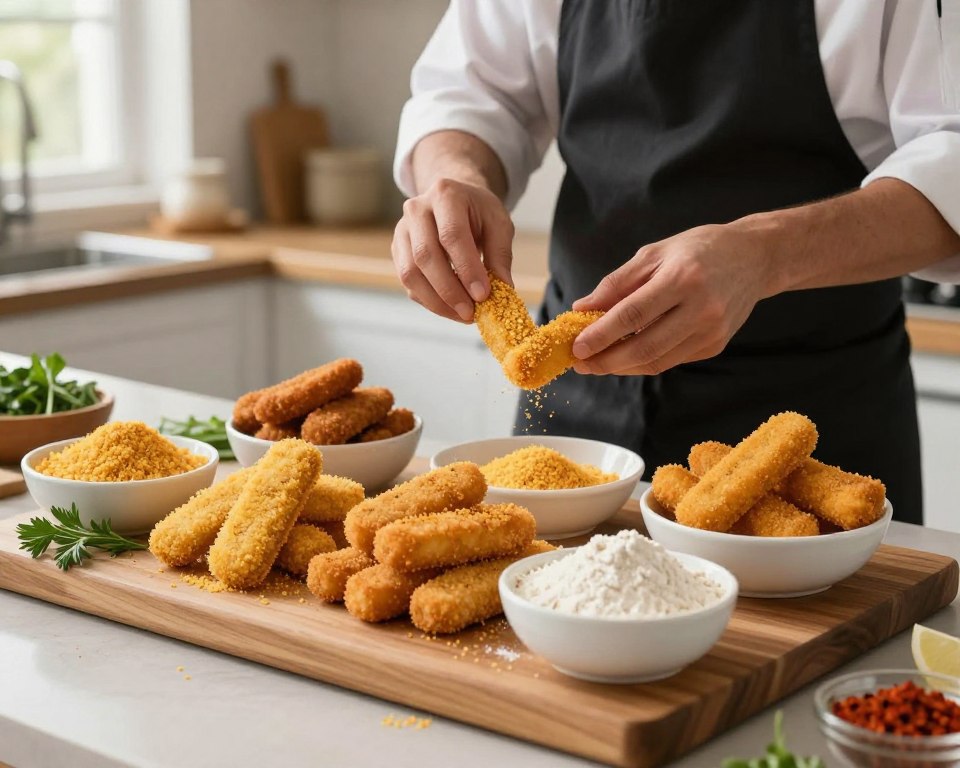 A beautifully arranged display of various types of breading for fish sticks is showcased in a well-lit kitchen setting. In the foreground, a wooden cutting board features a variety of colorful ingredients: golden breadcrumbs, crispy panko, and seasoned flour, all in small bowls surrounded by fresh herbs and spices. The middle ground captures a chef in a neat apron, meticulously coating fish strips with the breading, showcasing technique and attention to detail. The background consists of a modern kitchen with soft natural light filtering through a window, enhancing the warm, inviting atmosphere. The overall mood is one of culinary creativity and excitement, inviting viewers to explore different flavors and textures in their cooking.