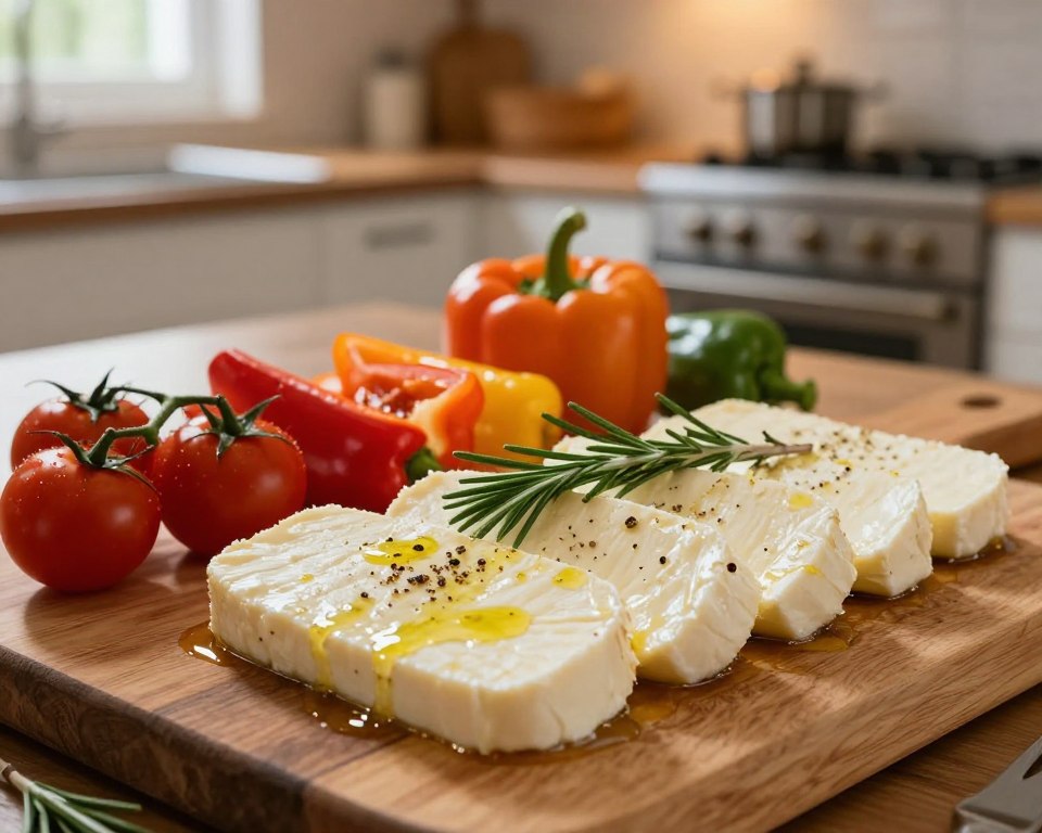 A beautifully arranged halloumi ready for baking, placed on a rustic wooden cutting board. The foreground features thick slices of halloumi cheese glistening with olive oil and sprinkled with fresh rosemary and black pepper. In the middle ground, a vibrant assortment of colorful vegetables like cherry tomatoes and bell peppers surrounds the cheese, creating a vibrant contrast. The background showcases a softly lit kitchen with an oven in warm tones, emphasizing a cozy cooking atmosphere. Natural light streams through a nearby window, casting a gentle glow on the scene. The overall mood is inviting and homely, perfect for capturing the essence of preparing halloumi for baking.