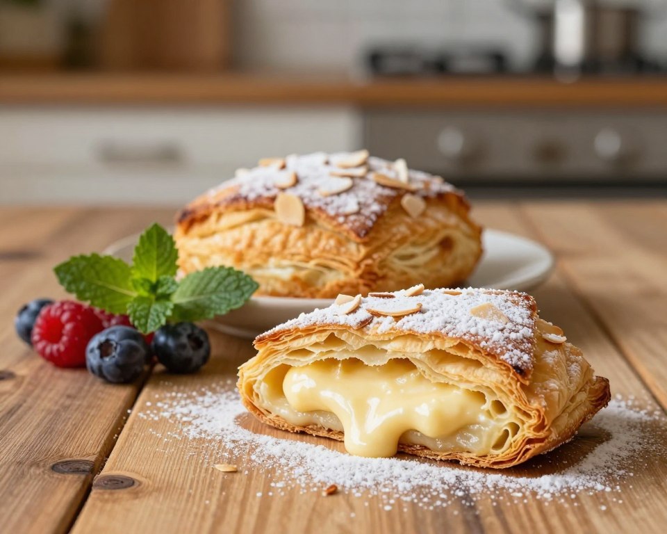 A beautifully arranged keto ciasto francuskie on a rustic wooden table, showcasing its flaky golden pastry layers, with a light dusting of almond flour for a keto twist. The foreground features a slice of the pastry with a rich, creamy filling oozing slightly from the edges, emphasizing its texture. In the middle, a whole pastry sits elegantly next to fresh berries and a sprig of mint, adding vibrant colors. The background is softly blurred, revealing a warm, inviting kitchen ambiance with subtle lighting, highlighting the delicious dish. The scene captures a cozy, home-baked atmosphere, inspiring a sense of warmth and indulgence. Use soft, natural light to create an appealing and appetizing visual.