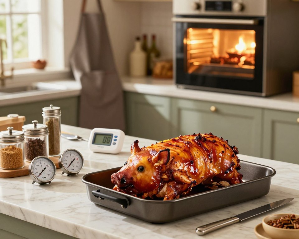 A beautifully arranged kitchen scene featuring a variety of baking accessories essential for roasting pork and other meats. In the foreground, prominently display a high-quality roasting pan with a rich, gleaming finish, a set of cooking thermometers, and various spices in elegant containers. In the middle ground, include a well-organized countertop with a digital meat thermometer, carving knife, and an apron neatly hanging. The background showcases an inviting oven with warm, golden light emanating from it, softly illuminating the space. Natural light streams in through a nearby window, casting gentle shadows. The overall atmosphere feels warm, homely, and inviting, conveying a sense of culinary excitement and preparation for delicious, juicy meats.