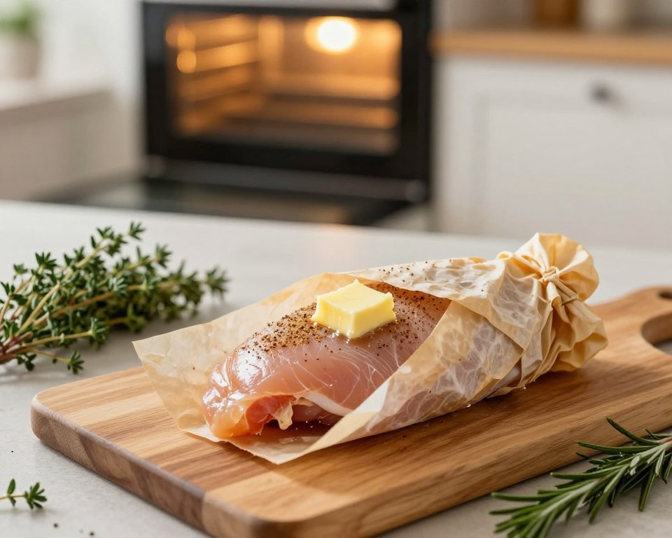 A beautifully arranged kitchen scene, focused on the meticulous process of "zamknięcie fileta." In the foreground, a neatly seasoned chicken fillet is wrapped in parchment paper, enhancing the feeling of care and craftsmanship. Juicy butter is delicately placed inside the fillet, its richness hinting at the deliciousness within. The middle of the image features a wooden cutting board, surrounded by fresh herbs like thyme and rosemary, conveying freshness and flavor. In the background, a softly glowing oven is visible, with golden light illuminating the scene, creating a warm and inviting atmosphere. The entire image is captured from a slightly elevated angle, providing a comprehensive view of the preparation process, while the natural daylight filters in, lending an airy and homely feel to the setting.
