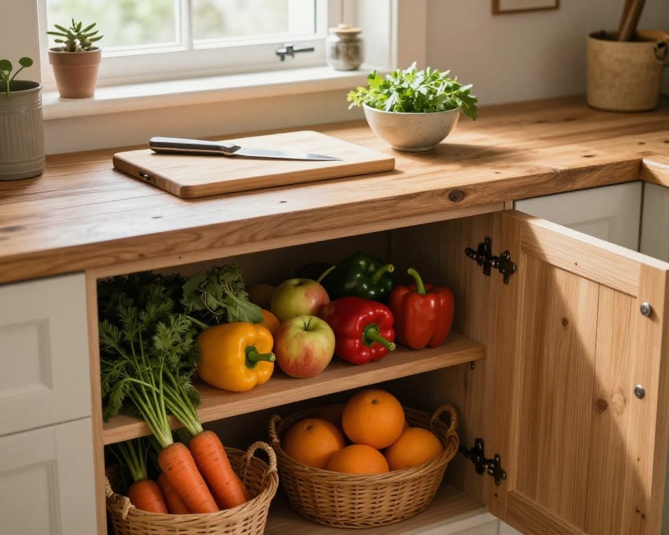A beautifully arranged kitchen scene focused on the storage of fresh vegetables and fruits. In the foreground, there is an open wooden pantry filled with a variety of vibrant produce, including carrots, bell peppers, apples, and oranges neatly organized in baskets. The middle section features a rustic wooden table with a chopping board, a knife, and a small bowl of herbs, creating a sense of preparation. In the background, a softly lit window allows natural light to illuminate the space, enhancing the freshness of the produce. The atmosphere is warm and inviting, with earthy tones and a touch of homeliness, suggesting the importance of proper food storage. The scene is captured from a slightly elevated angle for depth and interest.