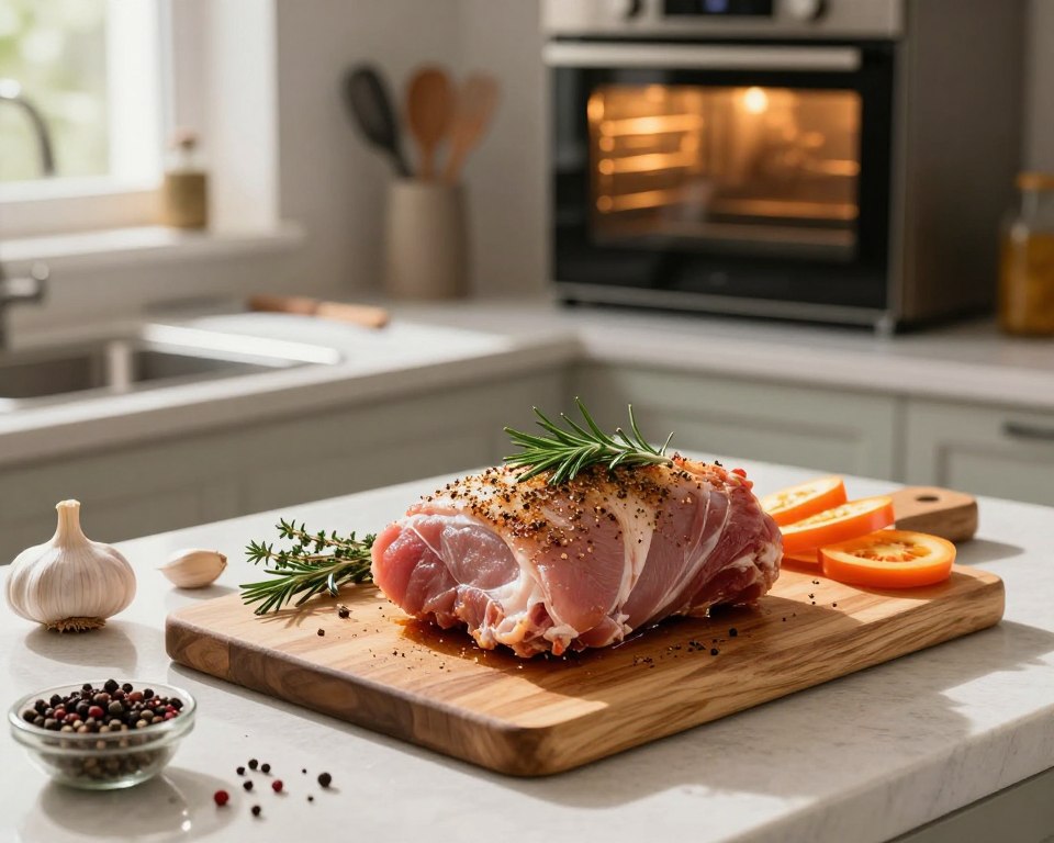 A beautifully arranged kitchen scene focusing on the preparation of pork loin for roasting. In the foreground, a wooden cutting board holds a seasoned pork loin, garnished with fresh herbs like rosemary and thyme. Around it are various spices, garlic cloves, and sliced vegetables awaiting marination. The middle ground features a well-used countertop showcasing kitchen utensils and a knife, hinting at a cooking expert’s touch. The background includes an oven preheating, with a hint of warm, golden light spilling from it, creating an inviting atmosphere. The scene is bright, utilizing natural light coming from a window, casting soft shadows, and emphasizing the freshness of the ingredients. There's a sense of warmth and anticipation, evoking the joy of preparing a hearty meal.