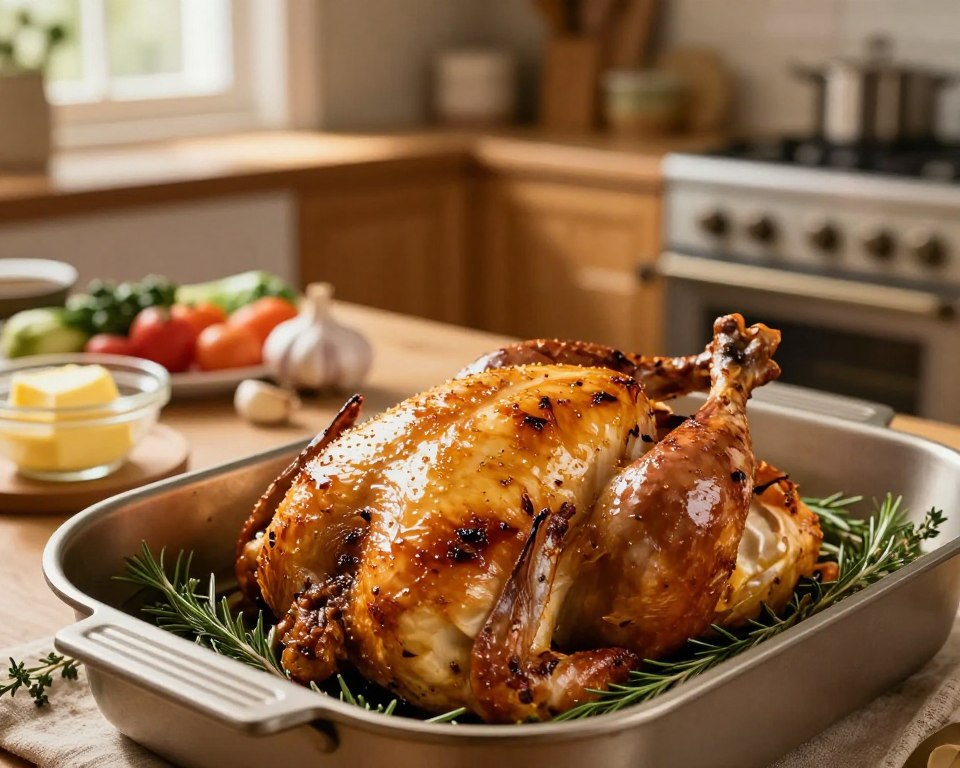 A beautifully arranged kitchen scene showcasing the art of roasting chicken "de volaille." In the foreground, a golden-brown chicken is perched in a roasting pan, its skin glistening with a buttery sheen, surrounded by fresh herbs like thyme and rosemary. In the middle ground, an elegant set of cooking tools and ingredients, including a bowl of melted butter, garlic cloves, and a selection of vegetables ready for roasting. The background features a warm, inviting kitchen with wooden cabinets and soft ambient lighting filtering through a window, creating a cozy atmosphere. The image is captured from a slight overhead angle, emphasizing the technique of roasting, with a focus on the textures and colors. The overall mood is warm, inviting, and culinary-focused, perfect for illustrating the technique of roasting chicken effectively.