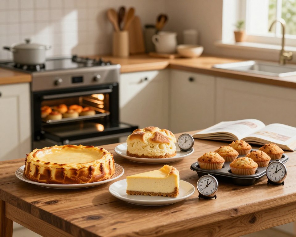 A beautifully arranged kitchen scene showcasing the differences in baking times for various cakes. In the foreground, a rustic wooden table displays three distinct cakes: a perfectly baked cheesecake, a fluffy karpatka, and a batch of golden brown muffins, each with a timer next to them indicating their respective baking times. The middle ground features an oven with a glass door, revealing a tantalizing view of the cakes inside, and an open recipe book nearby. The background is filled with warm, ambient lighting, enhancing the cozy kitchen atmosphere. Soft-focus kitchen utensils and baking ingredients create depth, while delicate sunlight streams through a window, highlighting the delicious textures of the cakes. The overall mood is inviting and informative, perfect for illustrating the section on baking times.