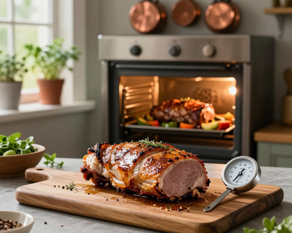A beautifully arranged kitchen scene showcasing the optimal baking conditions for pork loin. In the foreground, a seasoned pork loin on a stylish wooden cutting board, glistening with herbs and spices, with a meat thermometer inserted to indicate the ideal cooking temperature. In the middle, a warm oven with soft, glowing light emanating from inside, revealing a perfectly browned roast, surrounded by roasted vegetables. The background features rustic kitchen elements such as copper pots hanging above and fresh herbs in pots on the window sill, with natural daylight filtering through. The atmosphere is warm and inviting, evoking a sense of home-cooked comfort, inviting viewers to explore the art of baking pork loin.
