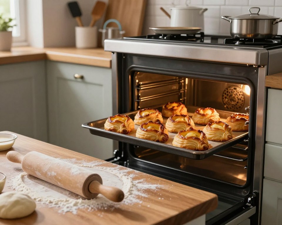 A beautifully arranged kitchen scene showcasing the process of baking French pastry, with a focus on the golden-brown, flaky pastry emerging from the oven. In the foreground, a wooden kitchen table is sprinkled with flour, and a rolling pin rests alongside a perfectly folded pastry dough. The middle layer features an oven with its door slightly ajar, revealing a tray filled with freshly baked, puffed pastry pieces, glistening under warm light. The background displays neatly organized baking tools, such as measuring cups and spatulas, softly illuminated by natural light streaming in from a nearby window. The atmosphere is warm and inviting, evoking a sense of homey comfort and culinary creativity. The image captures the essence of the baking process, emphasizing texture, color, and the cozy ambiance of a well-used kitchen.
