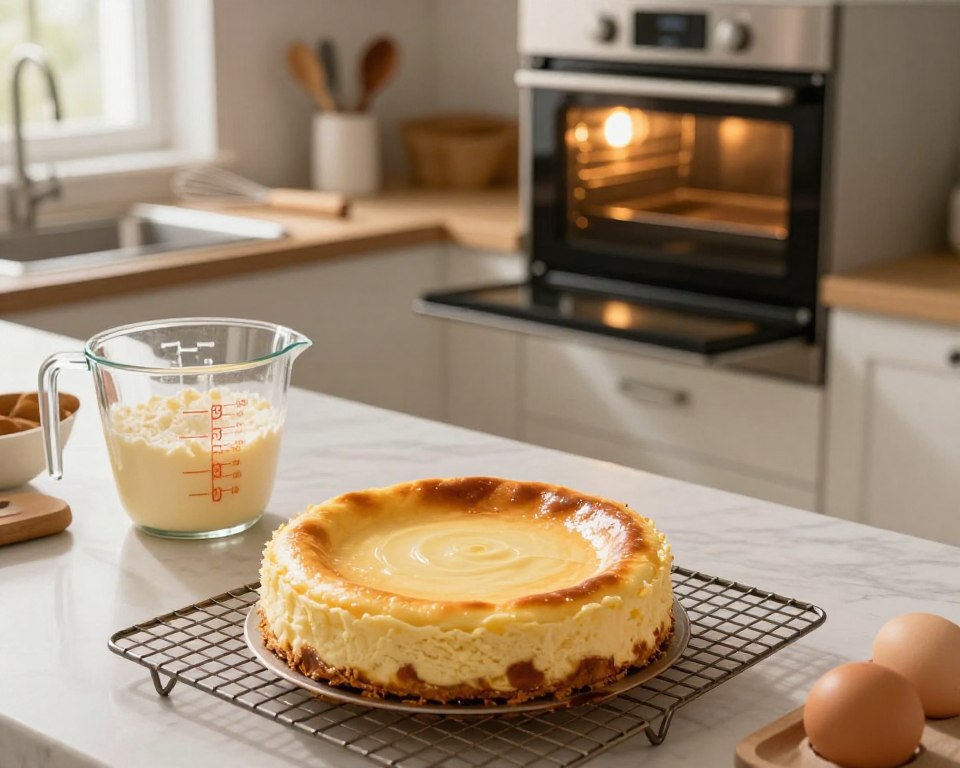 A beautifully arranged kitchen scene showcasing the process of baking cheesecake. In the foreground, a freshly baked cheesecake sits on a cooling rack, its creamy texture glistening under soft, warm lighting. Next to it, a measuring cup filled with creamy cheese, eggs, and sugar reflects the ingredients used, hinting at the crafting process. The middle ground features a well-organized kitchen counter with baking tools, such as a whisk and measuring spoons, arranged neatly. In the background, an oven door is slightly ajar, revealing a warm glow, symbolizing the baking time. The atmosphere is cozy and inviting, with light streaming through a window, creating a homely vibe. The angle captures the scene from a slightly elevated perspective, enhancing the overall warmth and comfort of the baking experience.