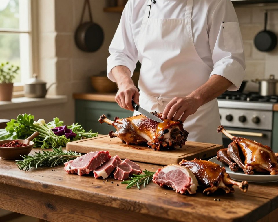 A beautifully arranged kitchen scene showcasing the techniques of roasting noble meats, specifically game, lamb, and duck. In the foreground, a rustic wooden table displays an array of colorful, fresh herbs, spices, and marinated cuts of meat, glistening under soft, warm lighting. In the middle, a chef, dressed in a crisp white apron, skillfully prepares a succulent roast with attention to detail, using a sharp knife and a classic wooden cutting board. Behind them, an inviting, traditional kitchen atmosphere with stone walls and hanging pots, bathed in soft, natural light filtering through a large window. The mood is warm and welcoming, evoking the artistry and tradition of fine meat roasting techniques, with an emphasis on freshness and craftsmanship.