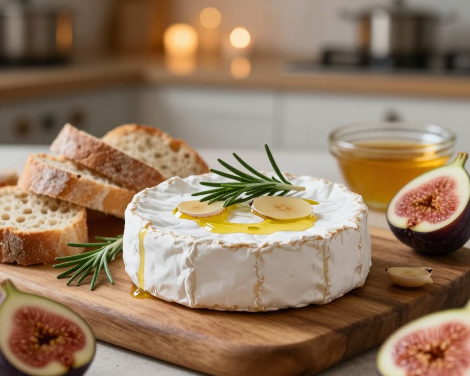 A beautifully arranged plate featuring a whole round of Camembert cheese, topped with fresh rosemary, slices of garlic, and a drizzle of olive oil, ready for baking. The cheese is on a rustic wooden board, surrounded by assorted fresh bread, figs, and a small bowl of honey. In the background, a softly lit kitchen ambiance with blurred warm lights creates a cozy atmosphere. The focus is sharp on the cheese and garnishes, using a shallow depth of field that gently blurs the background. The scene captures the essence of comfort food, evoking warmth and inviting the viewer into a culinary experience. The overall lighting is warm and inviting, enhancing the textures of the cheese and the richness of the ingredients.