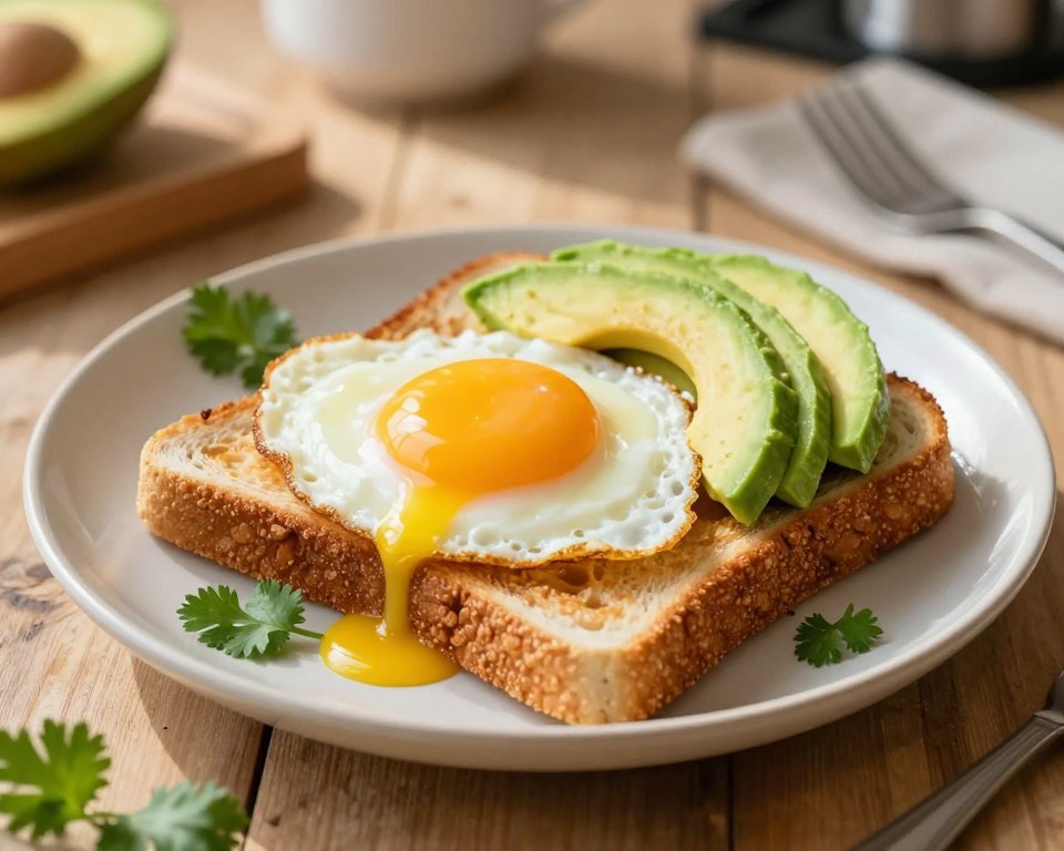 A beautifully arranged plate featuring toast topped with a perfectly fried egg and creamy avocado slices. The toast is golden brown with a crisp texture, while the egg yolk is soft and slightly runny, glistening in the soft morning light. The avocado is a rich green, sliced elegantly and artfully placed beside the egg. Surround the plate with fresh herbs like cilantro or parsley for added color and freshness. The background includes a rustic wooden table and a softly blurred kitchen setting, enhancing the cozy breakfast atmosphere. The lighting is warm and natural, reminiscent of a sunlit morning, inviting a sense of comfort and delight. The composition captures the simplicity and elegance of a classic breakfast dish.