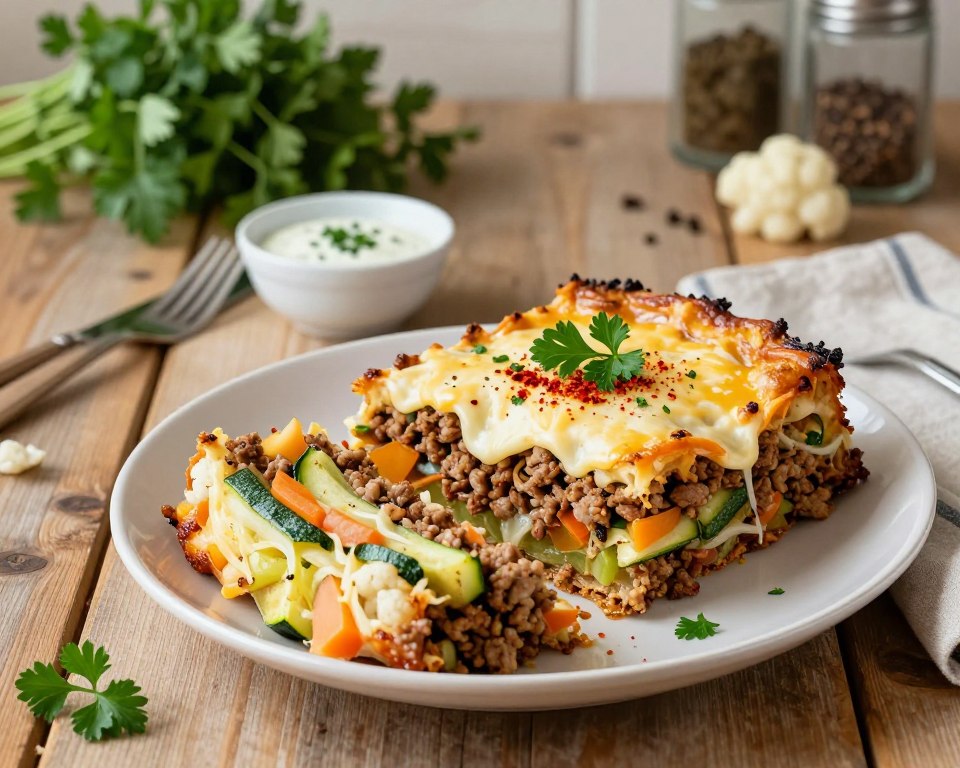 A beautifully arranged plate of Keto Zapiekanka featuring ground meat, zucchini, and cauliflower. In the foreground, the zapiekanka is sliced into generous portions, displaying its colorful layers of vegetables and meat, topped with a layer of melted cheese. Fresh herbs like parsley and a sprinkle of paprika add vibrant accents. The middle ground features a rustic wooden table setting, with elegant cutlery and a small dish of dipping sauce beside the zapiekanka. In the background, soft-focus kitchen elements like a herb plant and spices create a warm, inviting atmosphere. The lighting is soft and natural, casting gentle shadows, conveying a cozy dining experience, captured from a slight overhead angle to highlight the dish’s textures and colors.