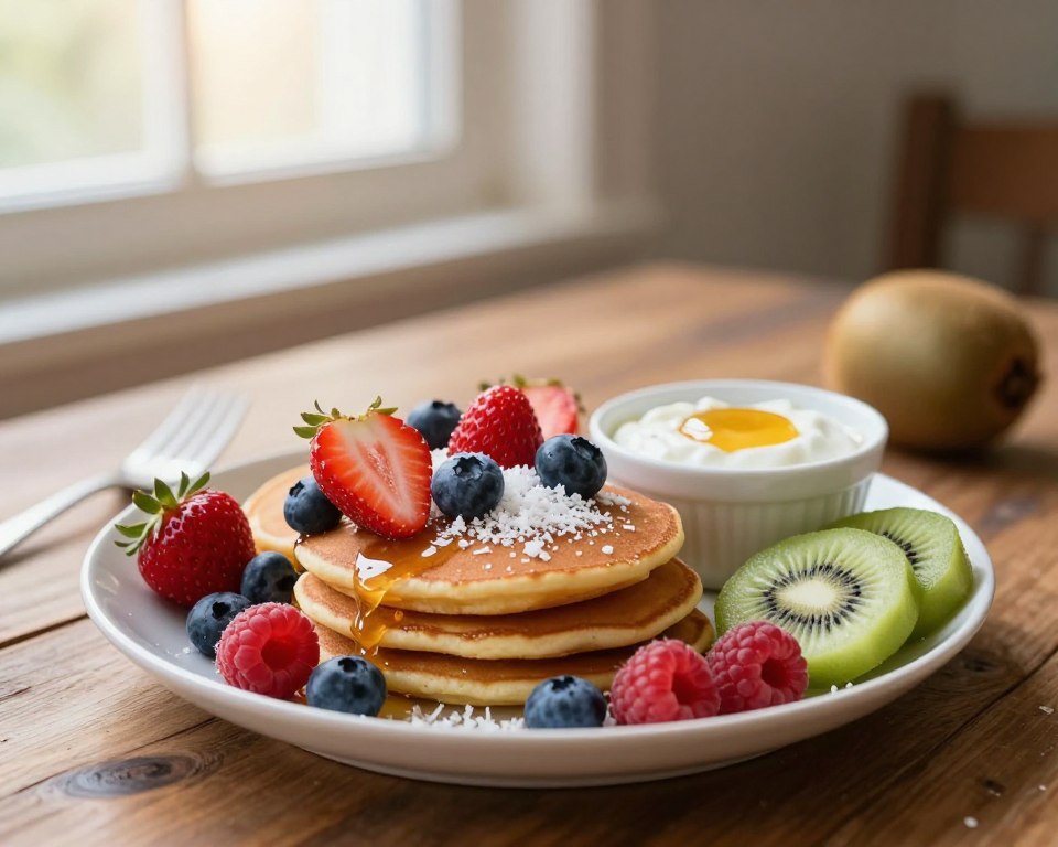 A beautifully arranged plate of coconut pancakes sits in the foreground, adorned with a selection of colorful toppings. Plump berries—strawberries, blueberries, and raspberries—spill over the edges, alongside a sprinkle of grated coconut. To one side, there's a small bowl of creamy Greek yogurt topped with honey, and a few slices of fresh kiwi. The middle ground features a rustic wooden table, enhancing the natural, wholesome feel of the breakfast scene. In the background, soft morning light filters through a nearby window, casting a warm glow. The atmosphere is cozy and inviting, perfect for a low-carb breakfast. Use a shallow depth of field to keep the focus on the pancakes and toppings, blurring the background slightly for a dreamy effect.