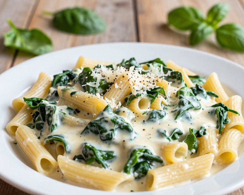 A beautifully arranged plate of creamy spinach pasta with a rich white sauce, showcasing perfectly cooked macaroni intertwined with vibrant green spinach and a glossy cream finish. The foreground features a close-up view of the pasta, emphasizing the silky texture and shiny surface of the sauce. Adding visual interest, delicate garnishes of freshly grated Parmesan cheese and a sprinkle of cracked black pepper enhance the dish. In the middle ground, a rustic wooden table serves as the backdrop, dotted with fresh spinach leaves and a sprig of basil for contrast. Soft, natural lighting bathes the scene, emanating a warm, inviting atmosphere, while a shallow depth of field blurs the edges softly to draw focus to the dish. The overall mood is cozy and appetizing, perfect for showcasing nutritious pasta.