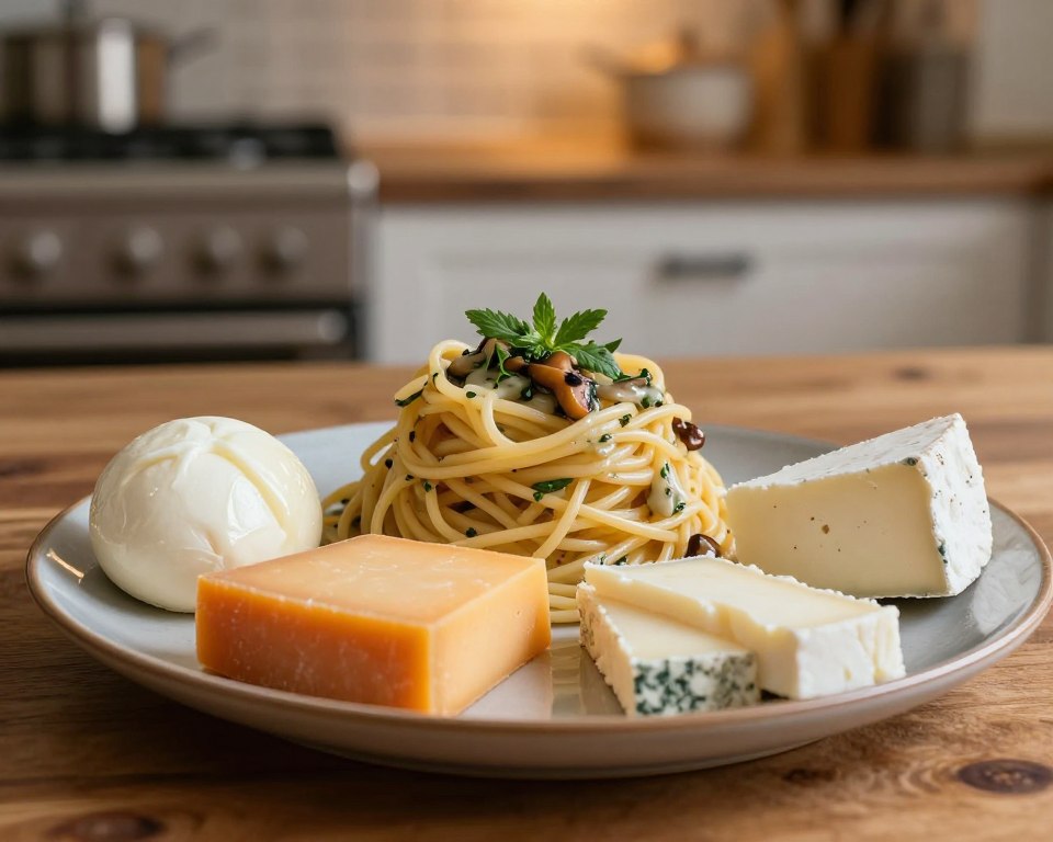 A beautifully arranged plate of four cheeses specifically chosen for a pasta dish, artfully displayed on a rustic wooden table. The foreground features rich, melty cheese selections like gooey mozzarella, sharp aged cheddar, creamy gorgonzola, and tangy goat cheese, each cut and beautifully presented in small wedges. In the middle, a generous portion of pasta twirled into a delightful nest, topped with fresh herbs and a light mushroom sauce, creating a sense of indulgence. The background displays a softly blurred kitchen setting with warm, inviting lighting that evokes a cozy cooking atmosphere. The image captures a sense of culinary passion and warmth, perfect for illustrating the exceptional cheeses featured in the dish.