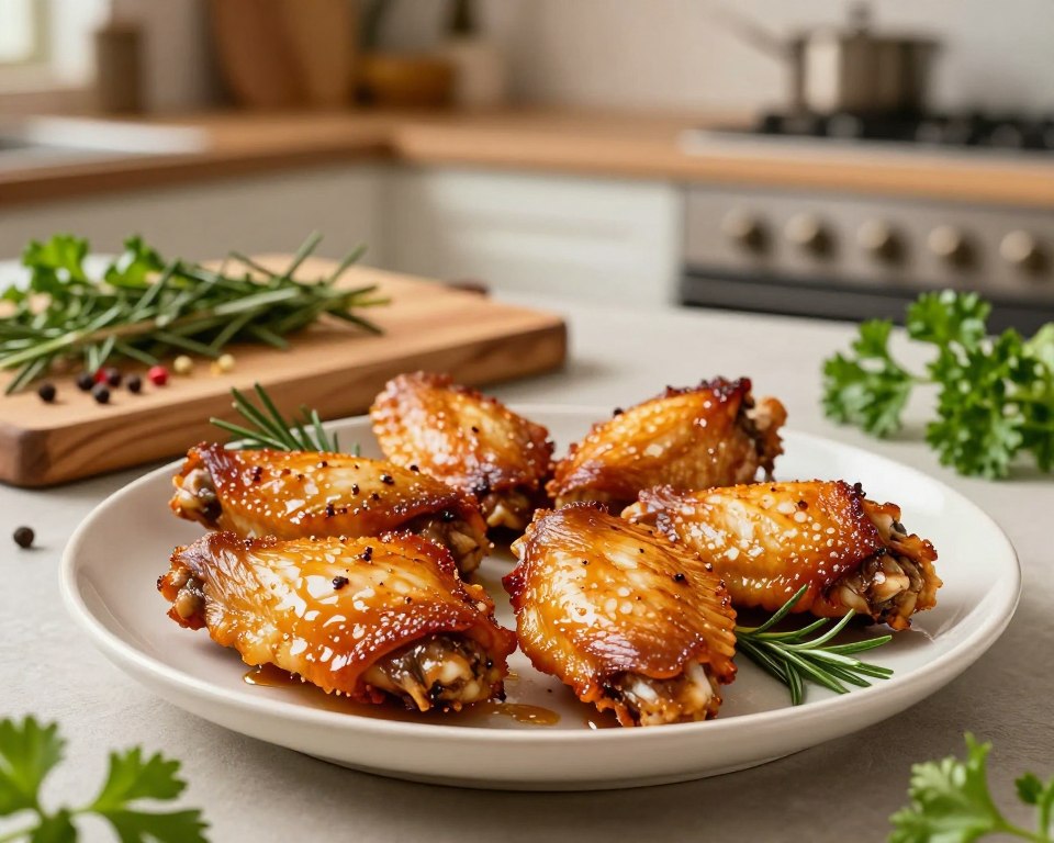 A beautifully arranged plate of golden-brown baked chicken wings, glistening with a light, savory glaze, sits prominently in the foreground. Each wing is perfectly cooked, showing crispy skin and juicy meat. Surrounding the wings are fresh herbs like rosemary and parsley, adding a vibrant green contrast. In the middle ground, a rustic wooden cutting board displays spices and seasonings, adding to the cooking atmosphere. The background features a warm and inviting kitchen with soft, ambient lighting creating a cozy environment. The focus is sharp on the plate of wings, with a slight blur on the background, giving a sense of depth. The mood is appetizing and homey, ideal for showcasing the essence of baking chicken wings. A beautifully arranged plate of golden-brown baked chicken wings, glistening with a light, savory glaze, sits prominently in the foreground. Each wing is perfectly cooked, showing crispy skin and juicy meat. Surrounding the wings are fresh herbs like rosemary and parsley, adding a vibrant green contrast. In the middle ground, a rustic wooden cutting board displays spices and seasonings, adding to the cooking atmosphere. The background features a warm and inviting kitchen with soft, ambient lighting creating a cozy environment. The focus is sharp on the plate of wings, with a slight blur on the background, giving a sense of depth. The mood is appetizing and homey, ideal for showcasing the essence of baking chicken wings.