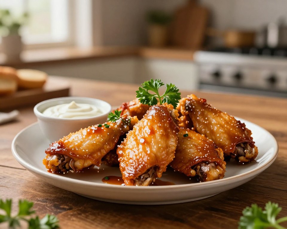 A beautifully arranged plate of golden-brown chicken wings, glistening with a hint of sticky barbecue sauce, placed on a rustic wooden table. The wings are garnished with fresh parsley sprigs and accompanied by a small bowl of creamy dipping sauce. In the background, softly blurred, a cozy kitchen ambiance with warm, inviting light filtering through a window, casting gentle shadows. The scene captures a close-up perspective, emphasizing the texture of the crispy skin and the moist, tender meat. The mood is warm and inviting, perfect for a home-cooked meal atmosphere, making the viewer feel the anticipation of a delicious feast. A beautifully arranged plate of golden-brown chicken wings, glistening with a hint of sticky barbecue sauce, placed on a rustic wooden table. The wings are garnished with fresh parsley sprigs and accompanied by a small bowl of creamy dipping sauce. In the background, softly blurred, a cozy kitchen ambiance with warm, inviting light filtering through a window, casting gentle shadows. The scene captures a close-up perspective, emphasizing the texture of the crispy skin and the moist, tender meat. The mood is warm and inviting, perfect for a home-cooked meal atmosphere, making the viewer feel the anticipation of a delicious feast.