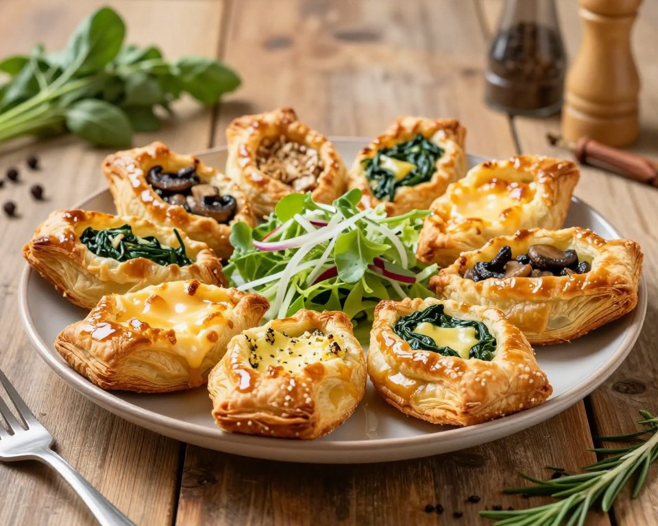 A beautifully arranged plate of keto puff pastry, showcasing a variety of filled savory pastries, including cheese, spinach, and mushrooms. In the foreground, the flaky golden-brown pastries are glistening, inviting and perfectly baked, with delicate textures visible. In the middle, a lightly garnished salad complements the dish, adding color and freshness. The background features an elegantly set rustic wooden table with kitchen herbs and spices arranged artistically, hinting at a homey cooking space. Soft, warm lighting creates a cozy atmosphere, casting gentle shadows that enhance the pastries' texture. The composition is captured from a slightly elevated angle to emphasize the delightful array of flavors and textures, evoking a sense of indulgence and satisfaction.