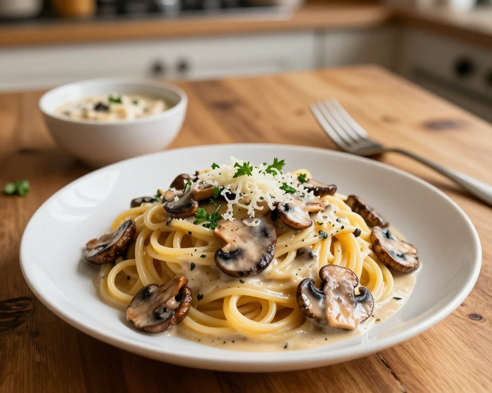 A beautifully arranged plate of pasta doused in a creamy mushroom sauce, capturing the essence of Italian cuisine. The foreground features a glistening heap of al dente pasta, topped generously with sautéed mushrooms, fresh herbs, and a sprinkle of grated cheese. In the middle, a rustic wooden table enhances the dish's warmth, adorned with a small bowl of additional sauce and a fork elegantly placed next to the plate. The background is softly blurred, revealing hints of a cozy kitchen setting, with warm lighting casting a golden hue over the scene, evoking a comforting atmosphere. The image should be shot from a slight overhead angle to showcase the intricate details of the dish in an inviting, appetizing manner.