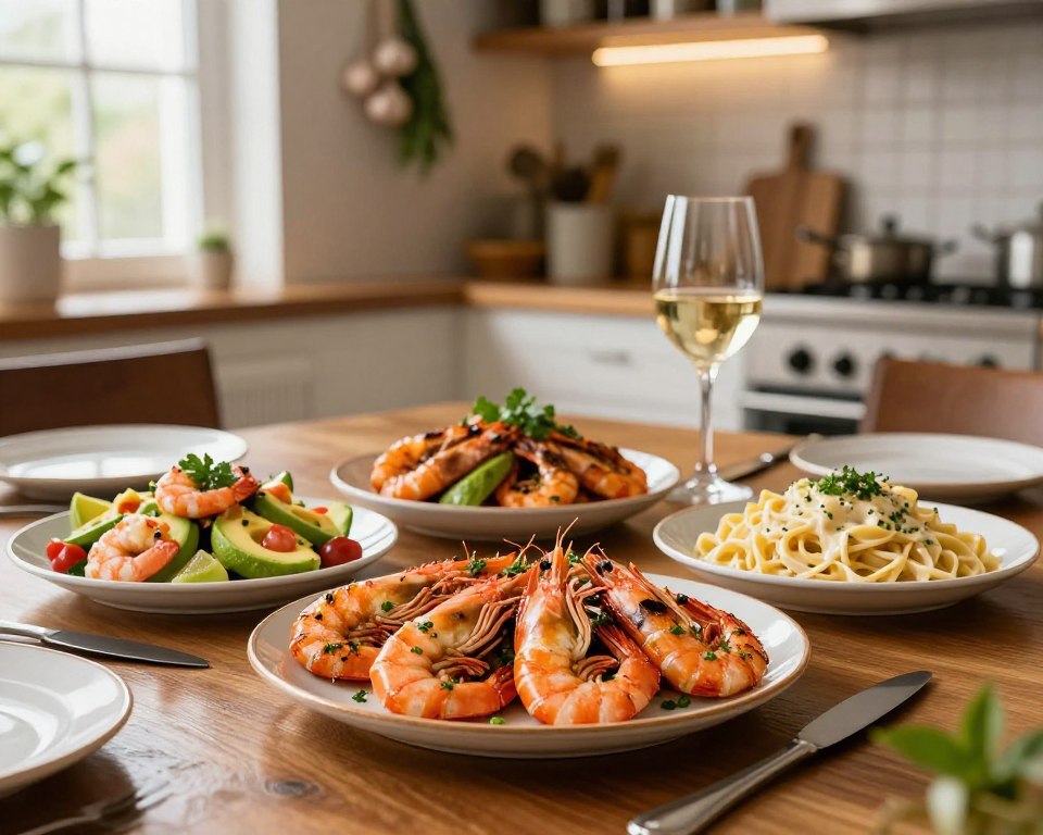 A beautifully arranged plate of shrimp dishes in a cozy dining setting, featuring an array of vibrant, colorful shrimp recipes. The foreground showcases a mix of grilled shrimp skewers garnished with fresh herbs, a shrimp salad with avocado and lime, and a creamy shrimp pasta. The middle ground includes elegant dining utensils and a glass of white wine, enhancing the culinary experience. In the background, a softly blurred warm kitchen ambiance highlights hanging garlic, herbs, and kitchenware, creating an inviting atmosphere. Natural light spills in from a window, reflecting off the polished tableware, creating a warm, appetizing tone. The overall mood is festive and celebratory, ideal for a gathering.