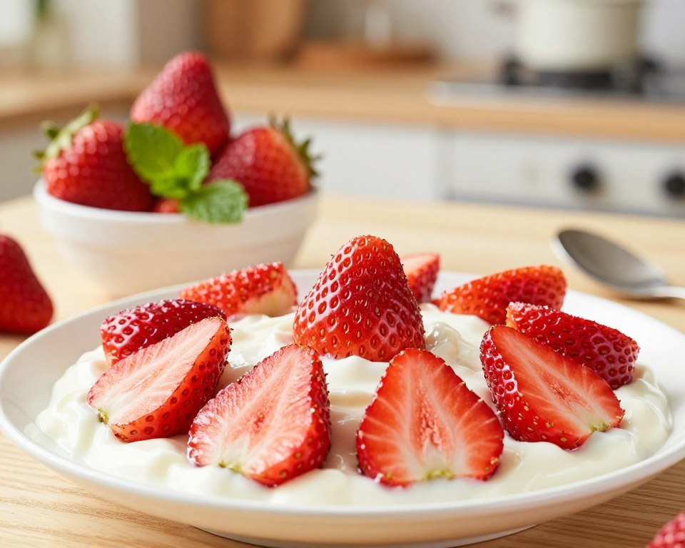 A beautifully arranged plate of sugar-free dessert featuring vibrant strawberries. In the foreground, showcase sliced strawberries with a glossy sheen, arranged atop a delicate, creamy layer made from natural sweeteners and yogurt. In the middle ground, include a small bowl of fresh strawberries alongside a sprig of mint for added freshness, emphasizing a healthy and appetizing aesthetic. The background features a soft-focus kitchen setting with warm, natural lighting, creating an inviting, homey atmosphere. Use a shallow depth of field to highlight the dessert while softly blurring the background for depth. The image should evoke a sense of freshness and healthiness, perfect for a fruit dessert focused on strawberries.