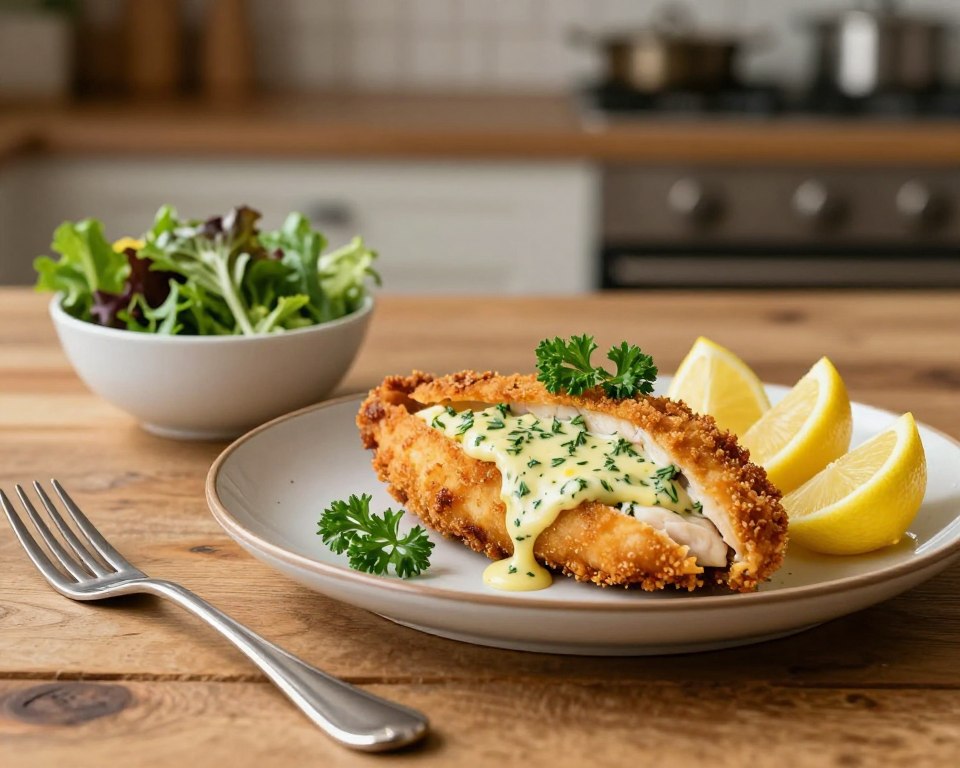 A beautifully arranged plate showcasing "De Volaille," featuring a golden-brown, breaded chicken breast stuffed with oozing garlic herb butter. The dish is garnished with fresh parsley and lemon wedges, elegantly presented on a rustic wooden table. In the foreground, a pair of polished utensils glistens, hinting at a sumptuous dining experience. In the middle ground, a small bowl of mixed greens, lightly dressed, complements the meal. The background reveals a softly blurred kitchen setting, with warm, inviting lighting that highlights the textures of the food, creating a cozy and appetizing atmosphere. The angle is slightly overhead, emphasizing the dish's delicious details while maintaining a sophisticated culinary vibe.