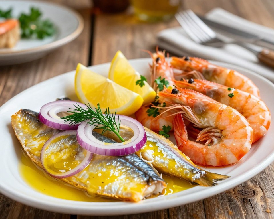 A beautifully arranged platter featuring pickled herring and succulent shrimp, skillfully intertwined. In the foreground, the herring fillets glisten in golden oil, topped with thinly sliced red onions and fresh dill for a pop of color. Nestled beside them, plump pink shrimp are elegantly displayed, garnished with lemon wedges and a sprinkle of parsley. The middle ground includes a rustic wooden table, enhancing the homey feel, while in the background, soft, warm lighting creates an inviting atmosphere, reminiscent of a cozy dinner party. The composition is shot from a slightly elevated angle, capturing both the vibrant colors and textures, evoking a sense of gourmet appeal and culinary delight.