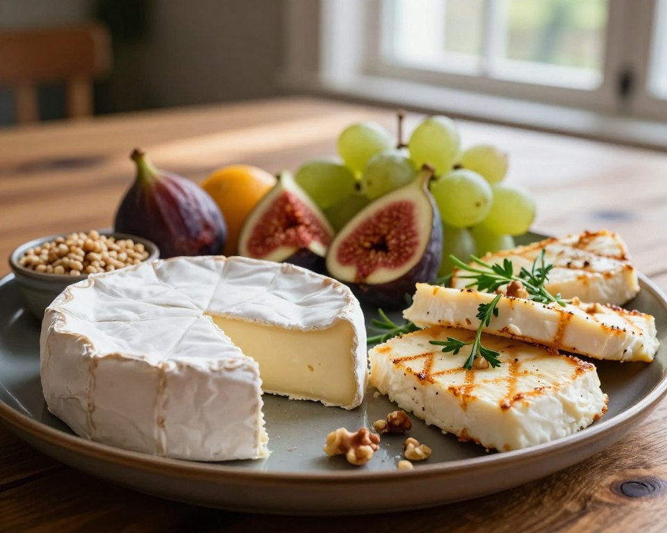 A beautifully arranged platter featuring slices of Camembert and Halloumi cheese, highlighting their nutritional properties. In the foreground, close-up on creamy, soft Camembert with a white, bloomy rind, and grilled Halloumi showing golden grill marks, garnished with fresh herbs and nuts. The middle layer should display colorful fruits, like figs and grapes, and a small selection of whole grains, emphasizing a balanced diet. In the background, a rustic wooden table setting with natural light streaming in from a window, casting soft shadows. The atmosphere is warm and inviting, ideal for a culinary discussion. The focus is sharp, with a slightly blurred background for depth, creating an appealing visual contrast.