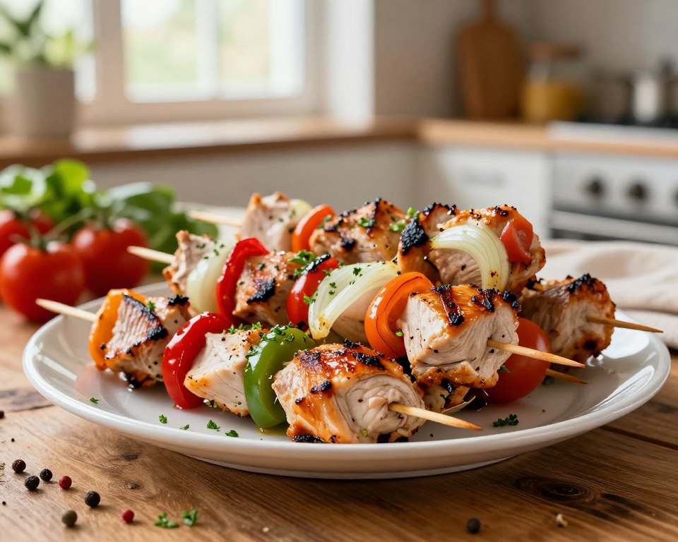 A beautifully arranged platter of classic Polish szaszłyki, featuring skewered marinated chunks of tender chicken, vibrant bell peppers, juicy cherry tomatoes, and aromatic onion pieces. The foreground showcases the glistening, grilled meat with charred edges, garnished with fresh herbs. In the middle, the skewers stand elegantly on a rustic wooden table, surrounded by a scattering of spices and fresh vegetables. The background features a warm, inviting kitchen setting, with soft, natural light flooding in through a nearby window, creating a cozy atmosphere. A focus on the textures of the grilled meat and vegetables, captured from a slightly elevated angle, enhances the mouthwatering appeal. The overall mood is inviting and homely, perfect for a culinary feature. A beautifully arranged platter of classic Polish szaszłyki, featuring skewered marinated chunks of tender chicken, vibrant bell peppers, juicy cherry tomatoes, and aromatic onion pieces. The foreground showcases the glistening, grilled meat with charred edges, garnished with fresh herbs. In the middle, the skewers stand elegantly on a rustic wooden table, surrounded by a scattering of spices and fresh vegetables. The background features a warm, inviting kitchen setting, with soft, natural light flooding in through a nearby window, creating a cozy atmosphere. A focus on the textures of the grilled meat and vegetables, captured from a slightly elevated angle, enhances the mouthwatering appeal. The overall mood is inviting and homely, perfect for a culinary feature.