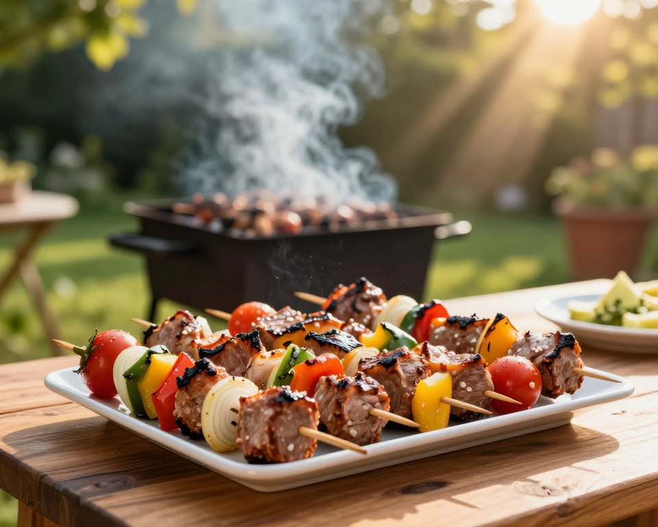 A beautifully arranged platter of colorful szaszłyki (grilled skewers) on a wooden table, showcasing a variety of marinated meats and vibrant vegetables like bell peppers, onions, and cherry tomatoes. In the foreground, the skewers glisten with a smoky char from the grill, enhancing their appeal. In the middle ground, a charcoal grill emits a gentle plume of smoke rising in the warm sunlight, creating a cozy atmosphere. The background features a lush green garden, softly blurred to keep the focus on the food, with gentle rays of sunlight filtering through the leaves. The overall mood is inviting and festive, perfect for a summer gathering. Use a portrait lens effect for a soft depth of field, and warm, natural lighting to enhance the colors of the ingredients without any text or watermarks. A beautifully arranged platter of colorful szaszłyki (grilled skewers) on a wooden table, showcasing a variety of marinated meats and vibrant vegetables like bell peppers, onions, and cherry tomatoes. In the foreground, the skewers glisten with a smoky char from the grill, enhancing their appeal. In the middle ground, a charcoal grill emits a gentle plume of smoke rising in the warm sunlight, creating a cozy atmosphere. The background features a lush green garden, softly blurred to keep the focus on the food, with gentle rays of sunlight filtering through the leaves. The overall mood is inviting and festive, perfect for a summer gathering. Use a portrait lens effect for a soft depth of field, and warm, natural lighting to enhance the colors of the ingredients without any text or watermarks.
