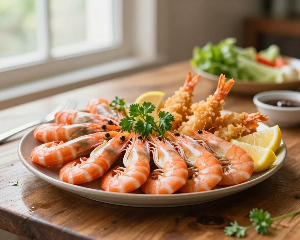 A beautifully arranged platter showcasing various types of shrimp, elegantly displayed in the foreground. Include vibrant pink and orange shrimp, alongside some smaller, golden-brown tempura shrimp, garnished with fresh herbs and lemon wedges. In the middle ground, a rustic wooden table sets a warm, inviting atmosphere, with a light sheen from oil reflecting soft, natural sunlight filtering through a nearby window. The background features gentle, blurred hints of fresh vegetables and dipping sauces, adding depth to the composition. The overall mood is festive and appetizing, perfect for an elegant gathering or dinner party. Capture the scene with a soft focus, utilizing a shallow depth of field to draw attention to the shrimp while creating a cozy, inviting ambience.