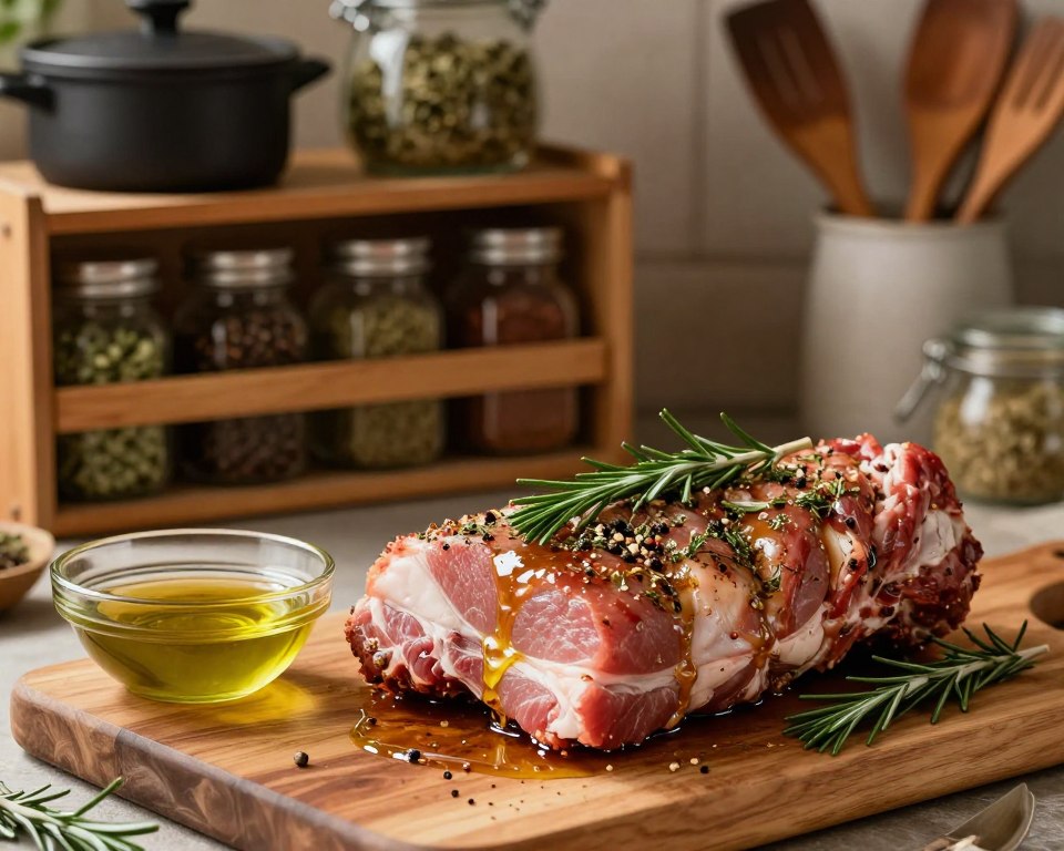 A beautifully arranged scene of marinating pork neck (karkówka) before roasting. In the foreground, a wooden cutting board holds a generous portion of pork neck, glistening with a rich marinade of herbs, garlic, and spices, sprinkled with fresh rosemary and black pepper. A small bowl of marinade sits beside the meat, with a drizzle of olive oil catching the light. The middle layer features an open spice rack filled with jars of various herbs, creating a warm, inviting kitchen atmosphere. In the background, a rustic kitchen setting with pots and wooden utensils subtly blurred to suggest a homey feel. Soft, warm lighting enhances the colors and textures, capturing the essence of preparing a hearty meal, evoking anticipation and appetizing warmth.