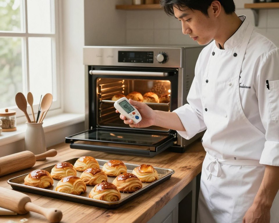 A beautifully arranged scene showcasing the process of baking puff pastry, with a focus on the ideal baking temperature. In the foreground, a pastry chef in a crisp white apron carefully checks a digital thermometer displaying 400°F (200°C) next to a tray of golden-brown puff pastry that is rising in the oven, its flaky layers visible. In the middle background, an oven with a glass door reveals more puff pastries baking, casting a warm glow. Soft natural lighting cascades from a window, creating a cozy, inviting atmosphere. The kitchen is elegantly styled with rustic wooden counters and neatly arranged baking tools, enhancing the culinary theme. The shot is taken from a slightly elevated angle, capturing the chef’s focused expression, conveying a sense of professionalism and artistry in baking.