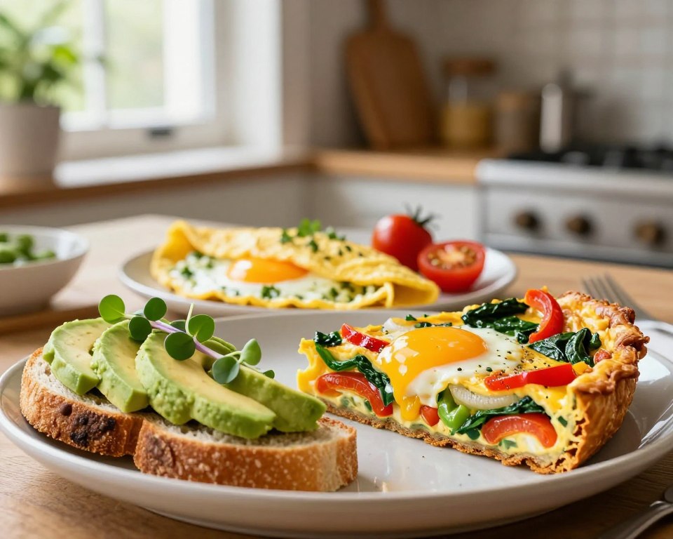 A beautifully arranged vegetarian breakfast featuring elegant eggs, showcasing a vibrant frittata with colorful bell peppers, spinach, and onions. In the foreground, place a freshly sliced toast topped with avocado spread and microgreens. In the middle, include a classic omelet filled with herbs and cheese, garnished with cherry tomatoes. The background should softly blur with hints of a rustic kitchen, illuminated by warm, natural light streaming through a window. A hint of greenery from potted plants can be seen, adding freshness to the scene. The overall mood is inviting and wholesome, celebrating the joy of a vegetarian diet centered around eggs. The composition captures the essence of a delicious, hearty breakfast.
