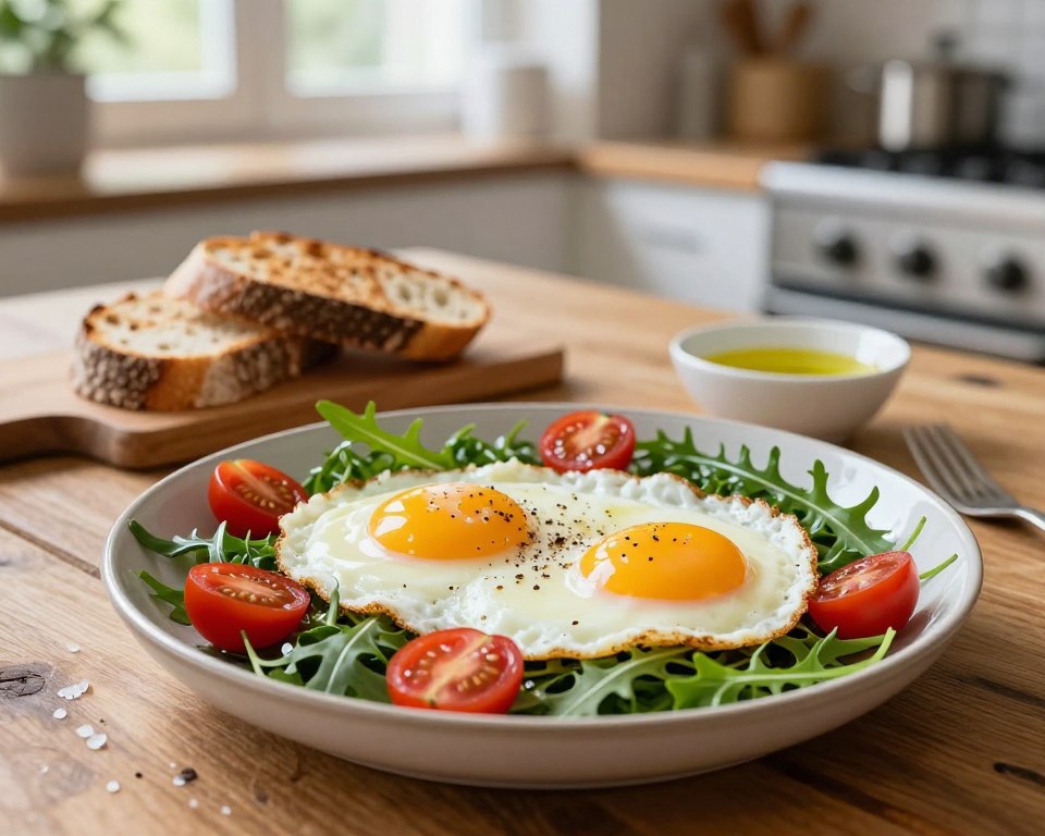 A beautifully plated dish of "jajka sadzone" (fried eggs) sits in the foreground, featuring two sunny-side-up eggs with perfectly runny yolks nestled atop a bed of fresh arugula and cherry tomatoes. The eggs are garnished with a sprinkle of sea salt and cracked black pepper, enhancing their vibrant colors. In the middle ground, a rustic wooden table adds warmth, with a slice of toasted artisan bread and a small bowl of olive oil for dipping. The background showcases a softly blurred kitchen setting, illuminated by natural morning light streaming through a window, creating a cozy morning atmosphere. The overall mood is inviting and appetizing, perfect for representing various egg styles for breakfast.