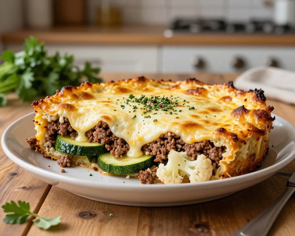 A beautifully plated keto zapiekanka, featuring a golden-brown, bubbling top made of melted cheese, placed on a rustic wooden table. In the foreground, vibrant layers of seasoned ground meat, fresh zucchini slices, and cauliflower florets are visible, creating a hearty and inviting dish. The middle ground showcases herbs like parsley and oregano sprinkled artfully over the zapiekanka, enhancing its visual appeal. The background gently fades into a cozy kitchen scene with soft, warm lighting, making the atmosphere feel homey and welcoming. Capture the richness of the textures, from the creamy cheese to the colorful vegetables, emphasizing a wholesome dining experience. Use a shallow depth of field to draw attention to the zapiekanka while softly blurring the kitchen details.